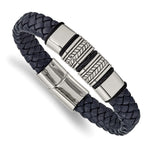 Load image into Gallery viewer, Stainless Steel Antiqued & Polished Blue Leather w/Silicone 8.25in BraceletSRB2458-8.25