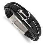 Load image into Gallery viewer, Stainless Steel Polished Anchor Genuine/PU Leather w/.5in ext BraceletSRB2714-7.75