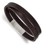 Load image into Gallery viewer, Stainless Steel Brushed Brown PU Leather w/.25in ext 16in Wrap BraceletSRB2723