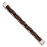 Load image into Gallery viewer, Stainless Steel Polished Beaded Brown Leather 8.25in BraceletSRB2759-8.25