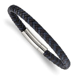Load image into Gallery viewer, Stainless Steel Polished Black and Blue Braided Leather 8.25in BraceletSRB2760-8.25