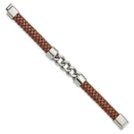 Load image into Gallery viewer, Stainless Steel Polished Chain and Brown Leather 8.25in BraceletSRB2764-8.25