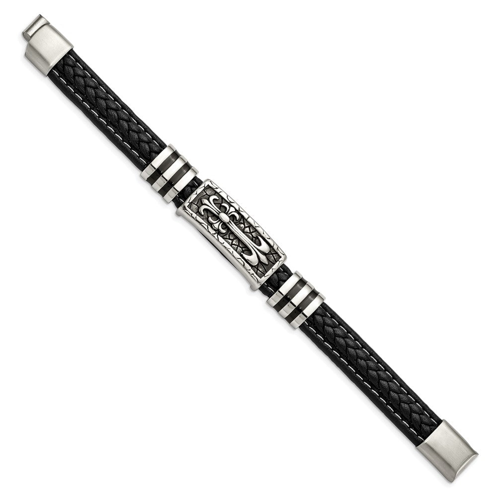 Stainless Steel Antiqued & Polished w/Enamel Faux Leather 8.5in BraceletSRB2790-8.5