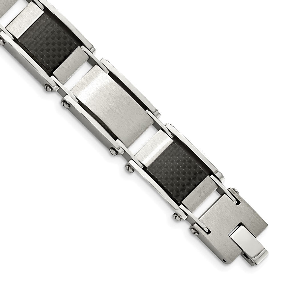 Stainless Steel Brushed & Polished Black Carbon Fiber Inlay 8.75in BraceletSRB280-9