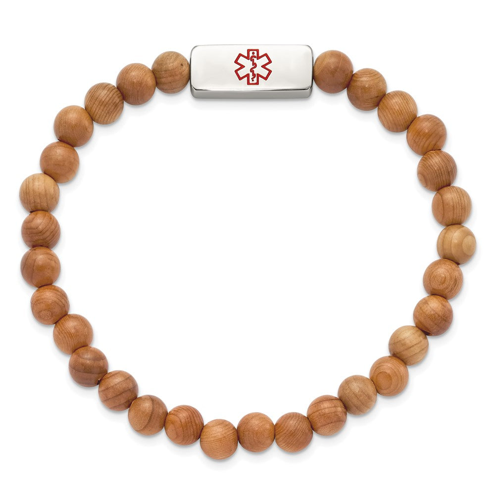 Stainless Steel Polished w/Enl Medical ID Taxus Chinensis Wood BraceletSRB2810