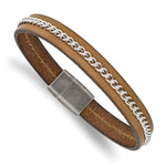 Load image into Gallery viewer, Stainless Steel Antiqued Brushed & Polished Brown Leather & Chain BraceletSRB2822-8.25