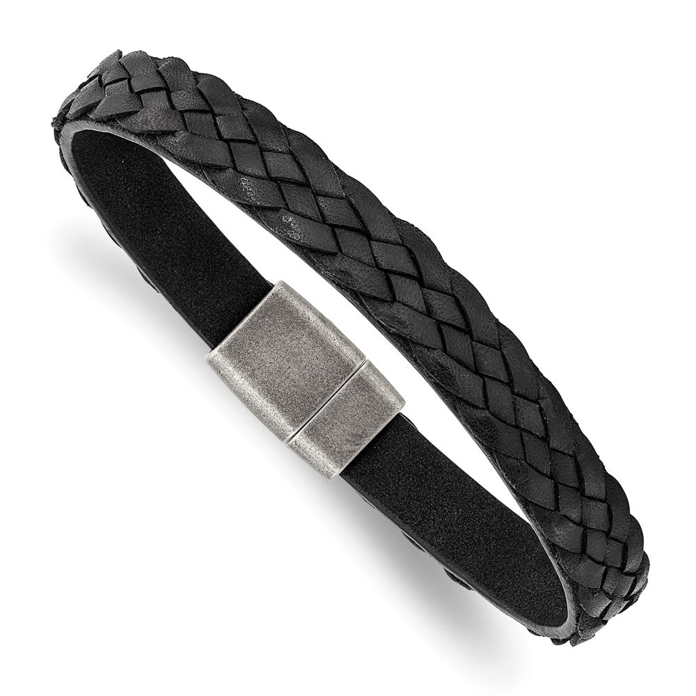 Stainless Steel Antiqued Black Braided Leather 8.25in BraceletSRB2826-8.25