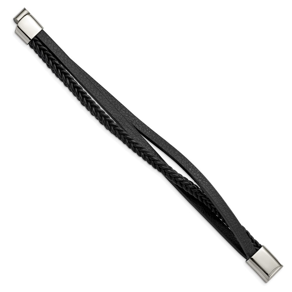 Stainless Steel Polished Black Leather Multi-Strand 8.25in BraceletSRB2828-8.25