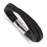 Load image into Gallery viewer, Stainless Steel Polished Black Leather Multi-Strand 8.25in BraceletSRB2828-8.25