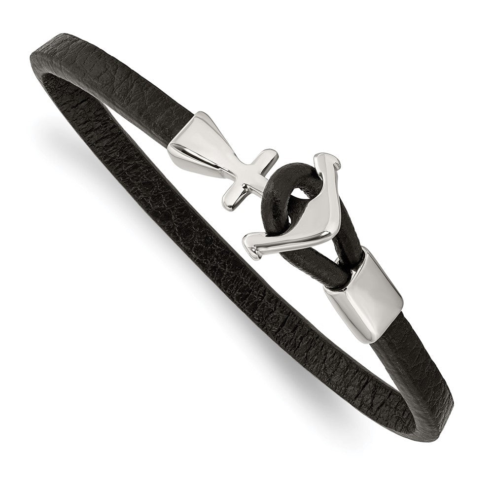 Stainless Steel Polished Anchor Black Leather 8in BraceletSRB2833-8