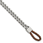 Load image into Gallery viewer, Stainless Steel Brushed & Polished Curb Chain w/Brown Leather Hook BraceletSRB2837-8.25