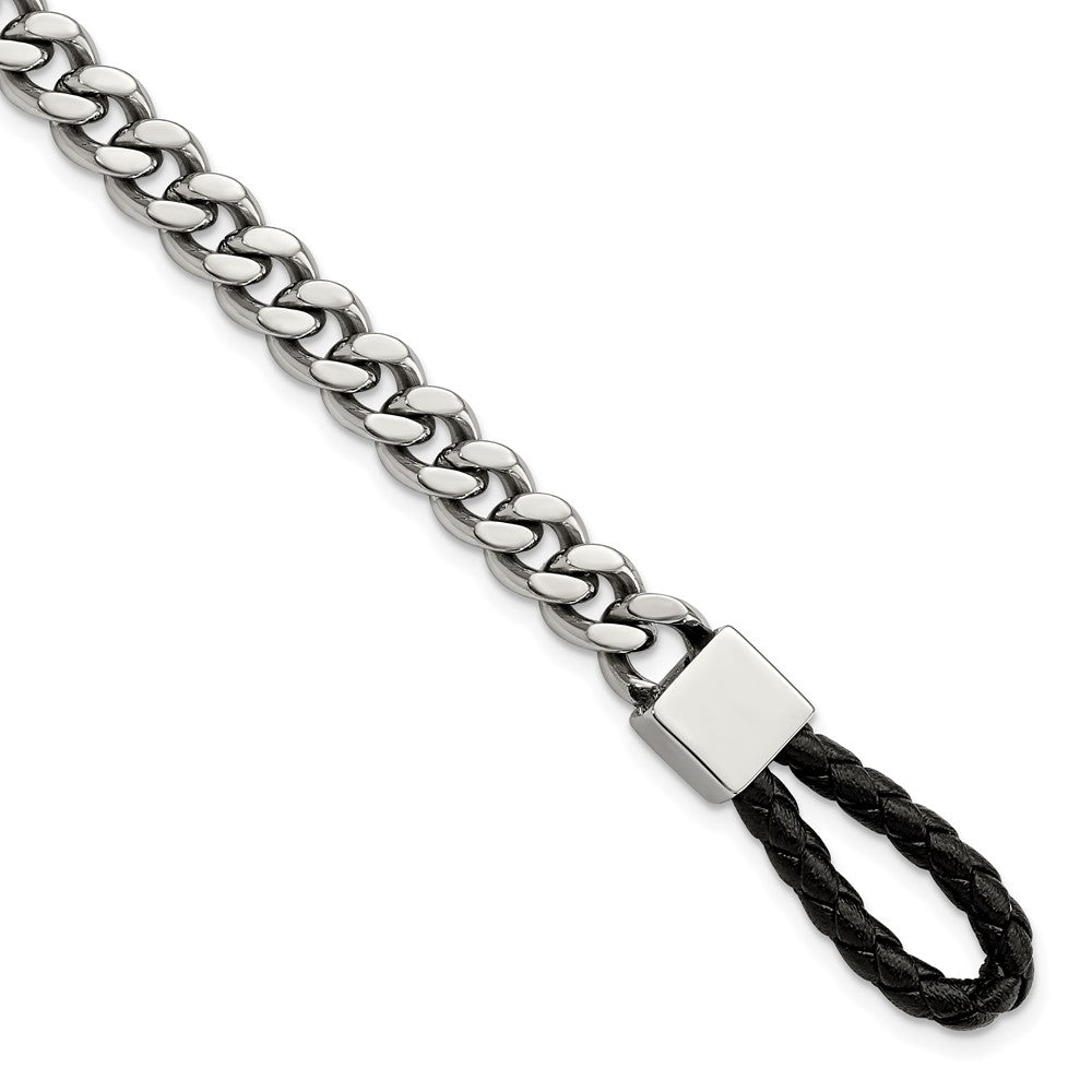 Stainless Steel Polished Curb Chain w/Black Leather Hook 8.25in BraceletSRB2838-8.25