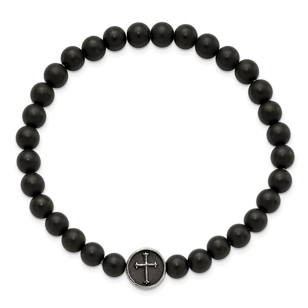 Stainless Steel Antiqued & Polished Black Agate Cross Stretch BraceletSRB2857