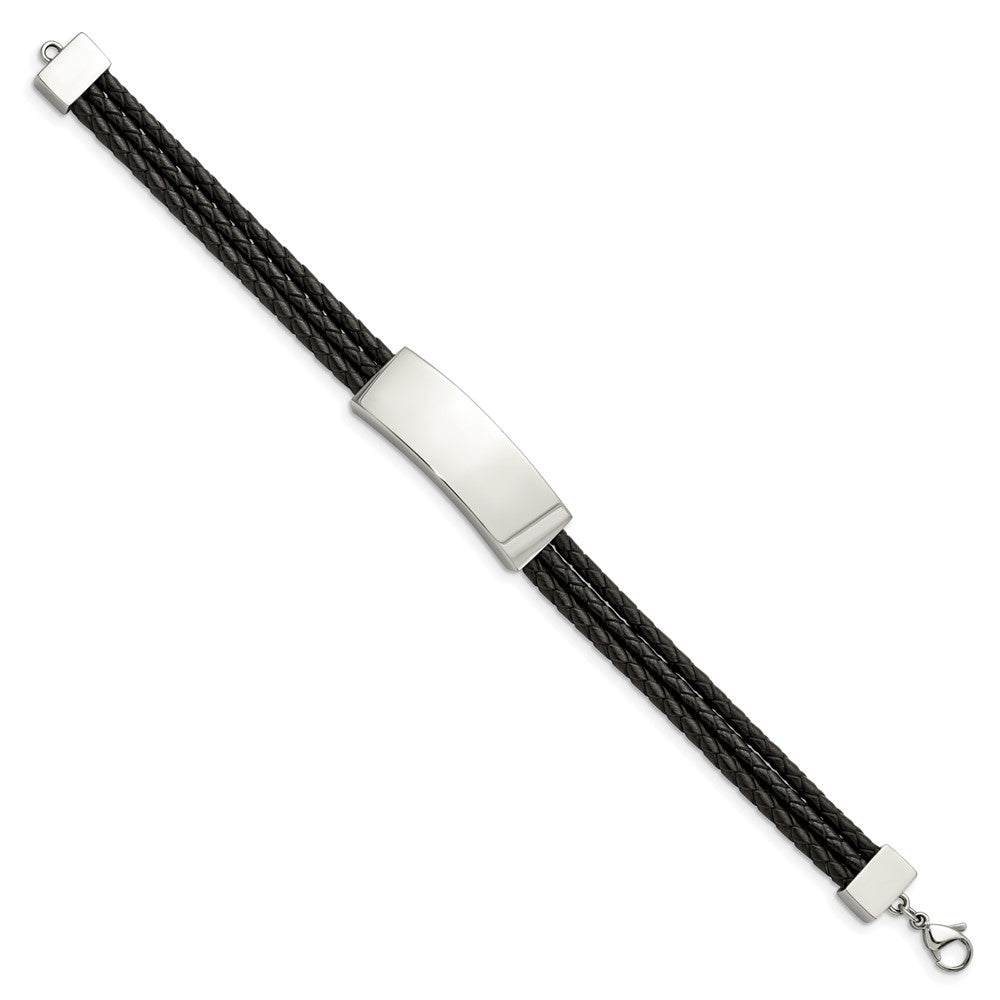 Stainless Steel Polished Black Leather Multi Strand 8in ID BraceletSRB2895-8