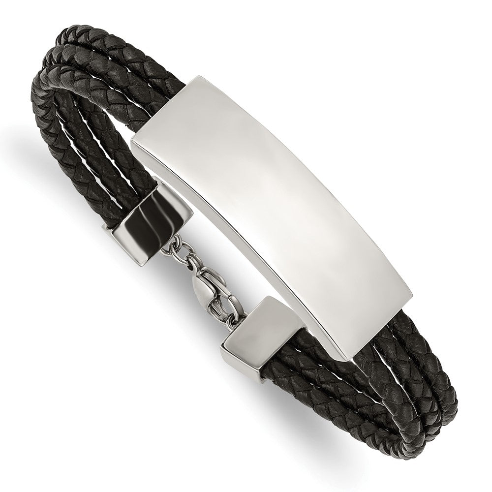Stainless Steel Polished Black Leather Multi Strand 8in ID BraceletSRB2895-8