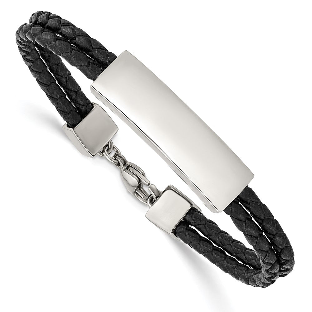 Stainless Steel Polished Black Leather 2 Strand 7in ID BraceletSRB2896-7