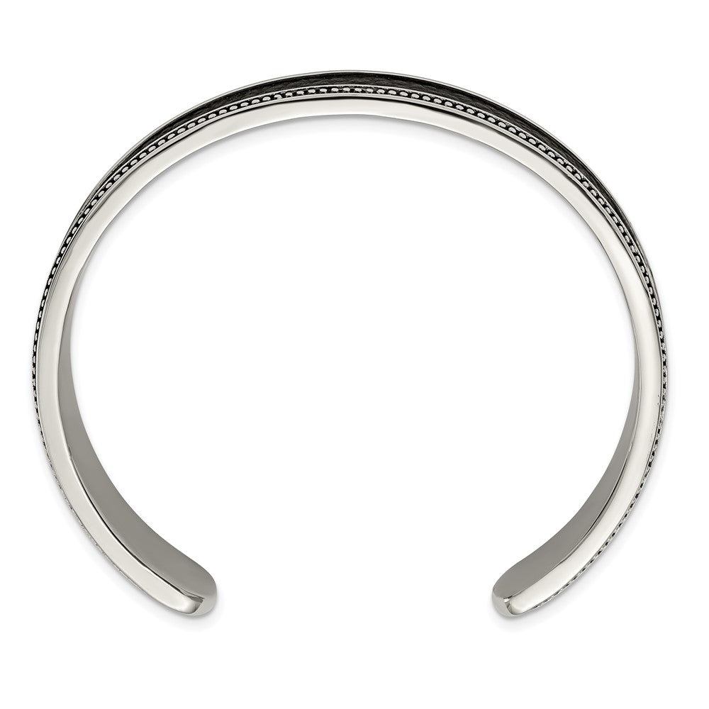 Stainless Steel Antiqued & Polished w/Textured Leather Inlay 12mm BangleSRB2933