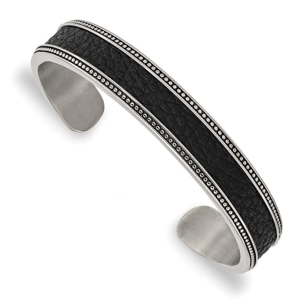 Stainless Steel Antiqued & Polished w/Textured Leather Inlay 12mm BangleSRB2933