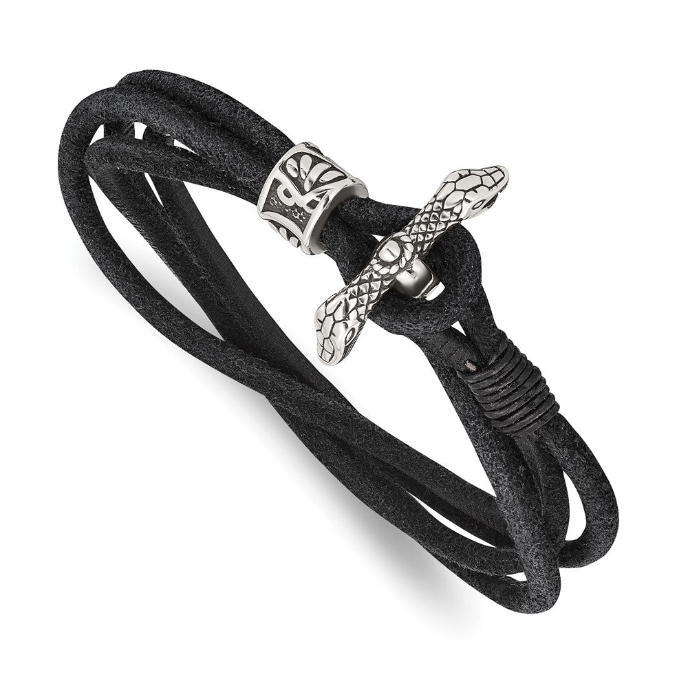 Stainless Steel Antiqued & Polished Snake Suede 16.5in Wrap BraceletSRB2945