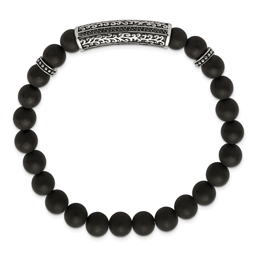 Stainless Steel Antiqued & Polished with Black CZ & Agate Stretch BraceletSRB2946