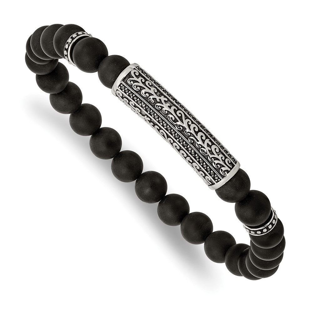 Stainless Steel Antiqued & Polished with Black CZ & Agate Stretch BraceletSRB2946