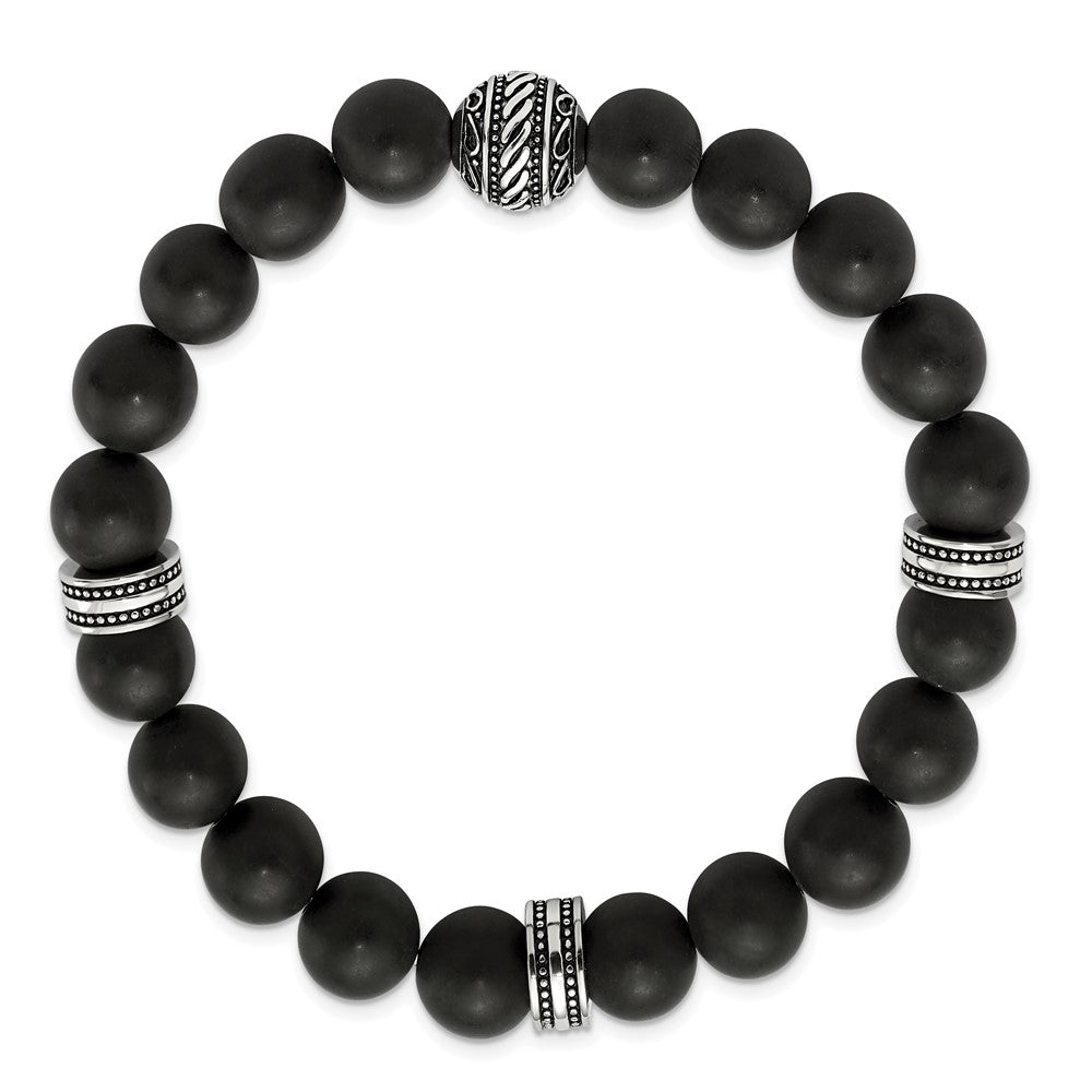 Stainless Steel Antiqued and Polished Black Agate Beaded Stretch BraceletSRB2950