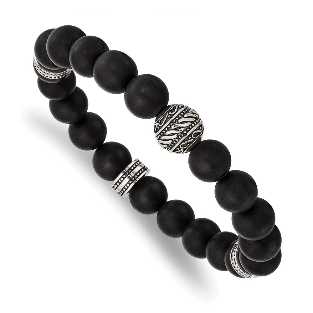 Stainless Steel Antiqued and Polished Black Agate Beaded Stretch BraceletSRB2950