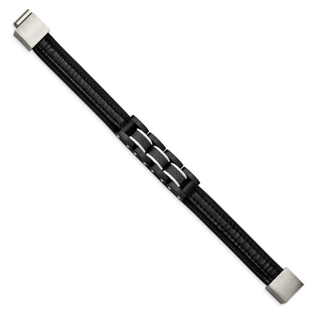 Stainless Steel Brushed & Polished Black IP Carbon Fiber Leather BraceletSRB2965-8.25