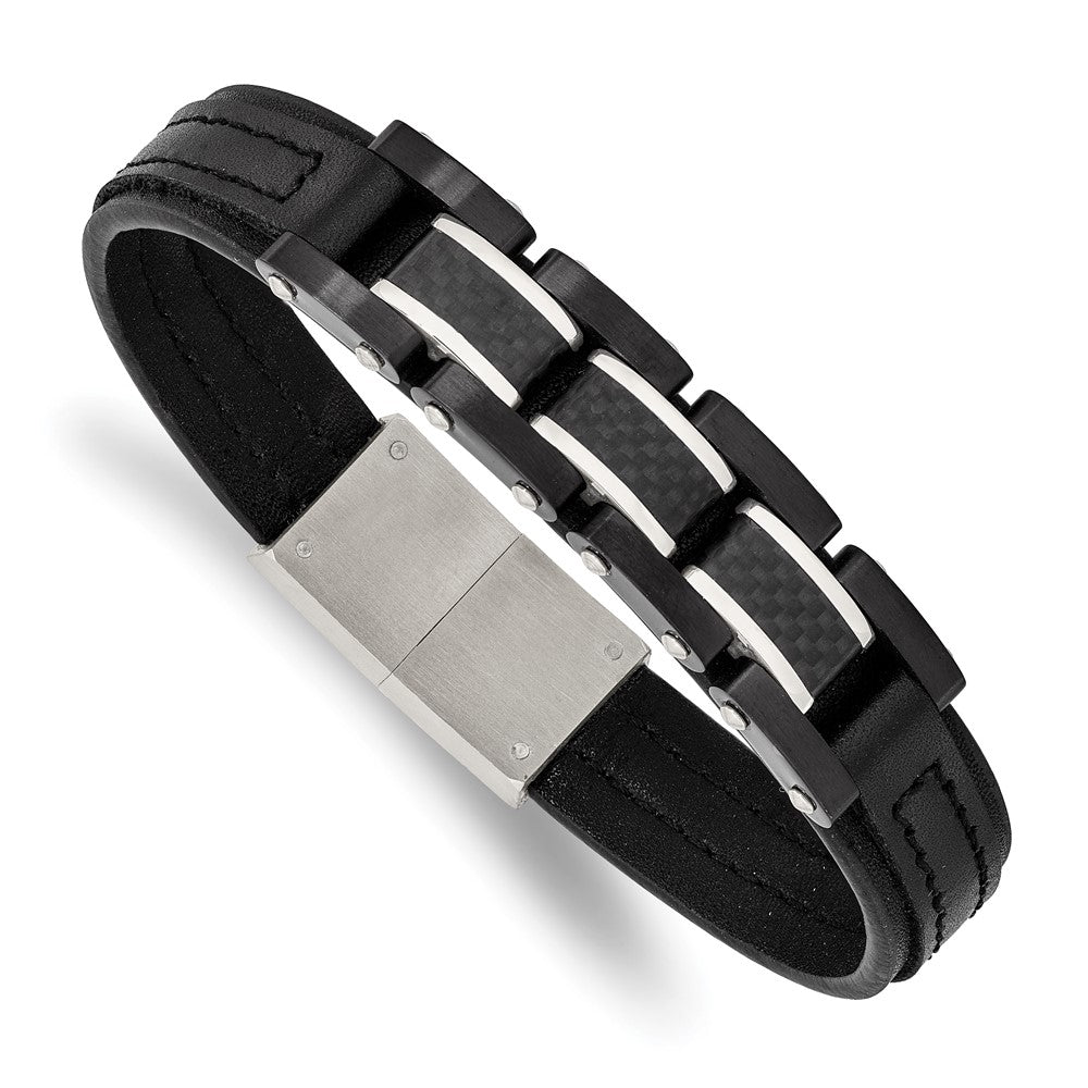 Stainless Steel Brushed & Polished Black IP Carbon Fiber Leather BraceletSRB2965-8.25