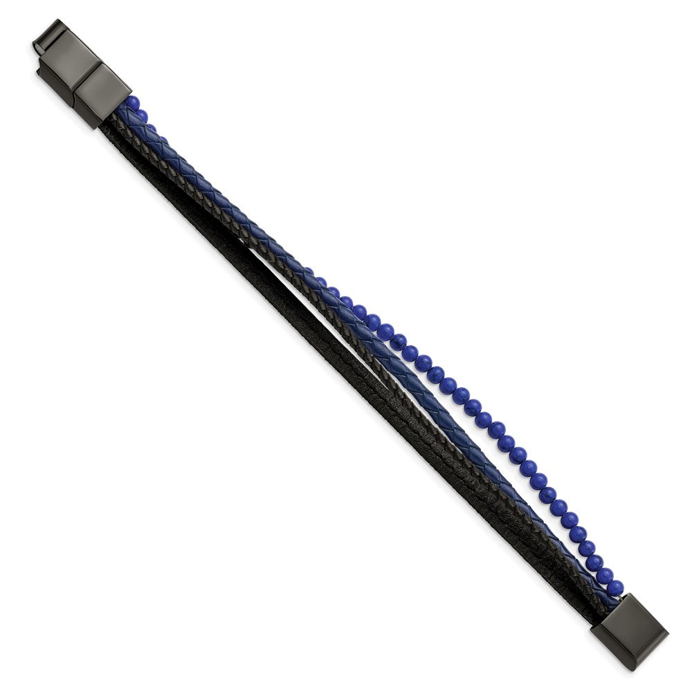 Stainless Steel Polished Black IP with Lapis Leather w/.5in ext BraceletSRB2967-8
