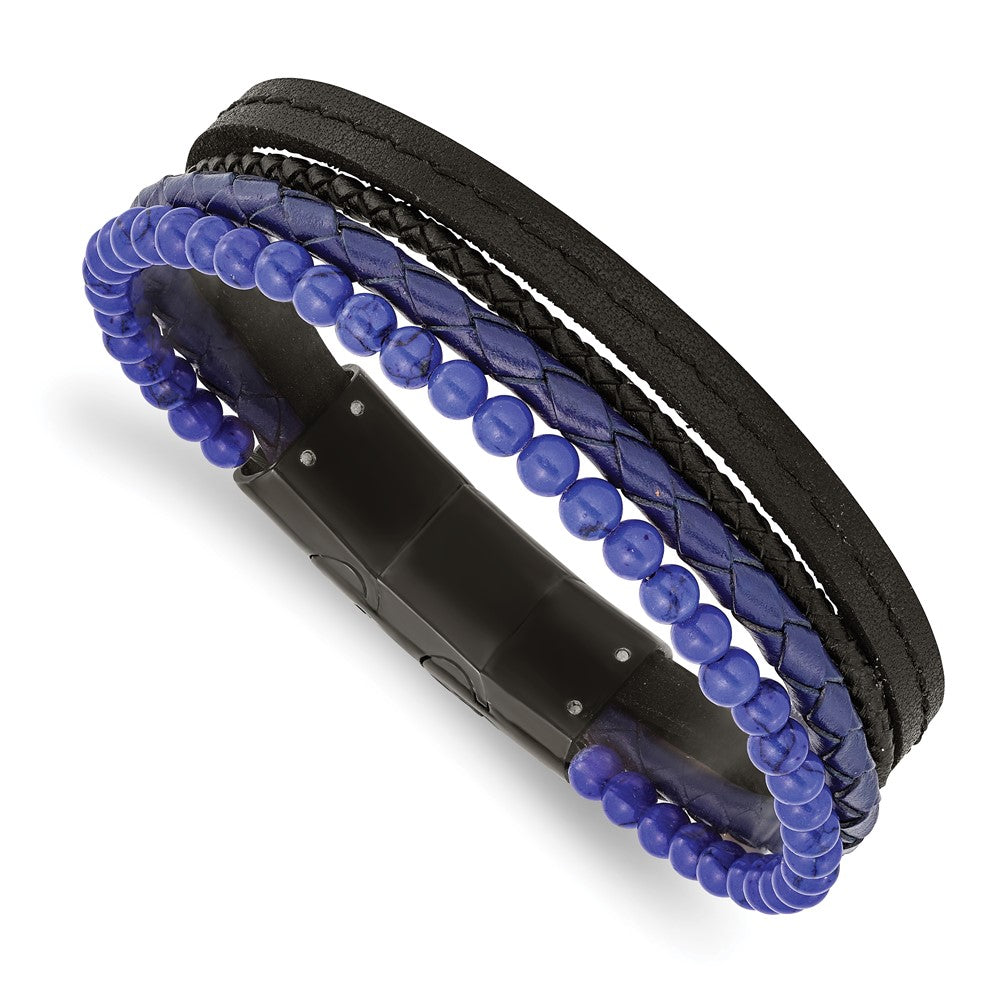 Stainless Steel Polished Black IP with Lapis Leather w/.5in ext BraceletSRB2967-8