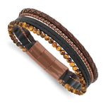 Load image into Gallery viewer, Stainless Steel Polished Brown IP w/Tiger's Eye Leather w/.5in ext BraceleSRB2968-8