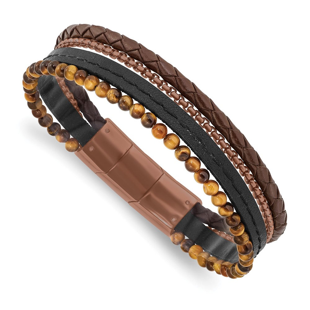 Stainless Steel Polished Brown IP w/Tiger's Eye Leather w/.5in ext BraceleSRB2968-8
