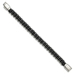 Load image into Gallery viewer, Stainless Steel Polished Black Leather 8.5in BraceletSRB2969-8.5
