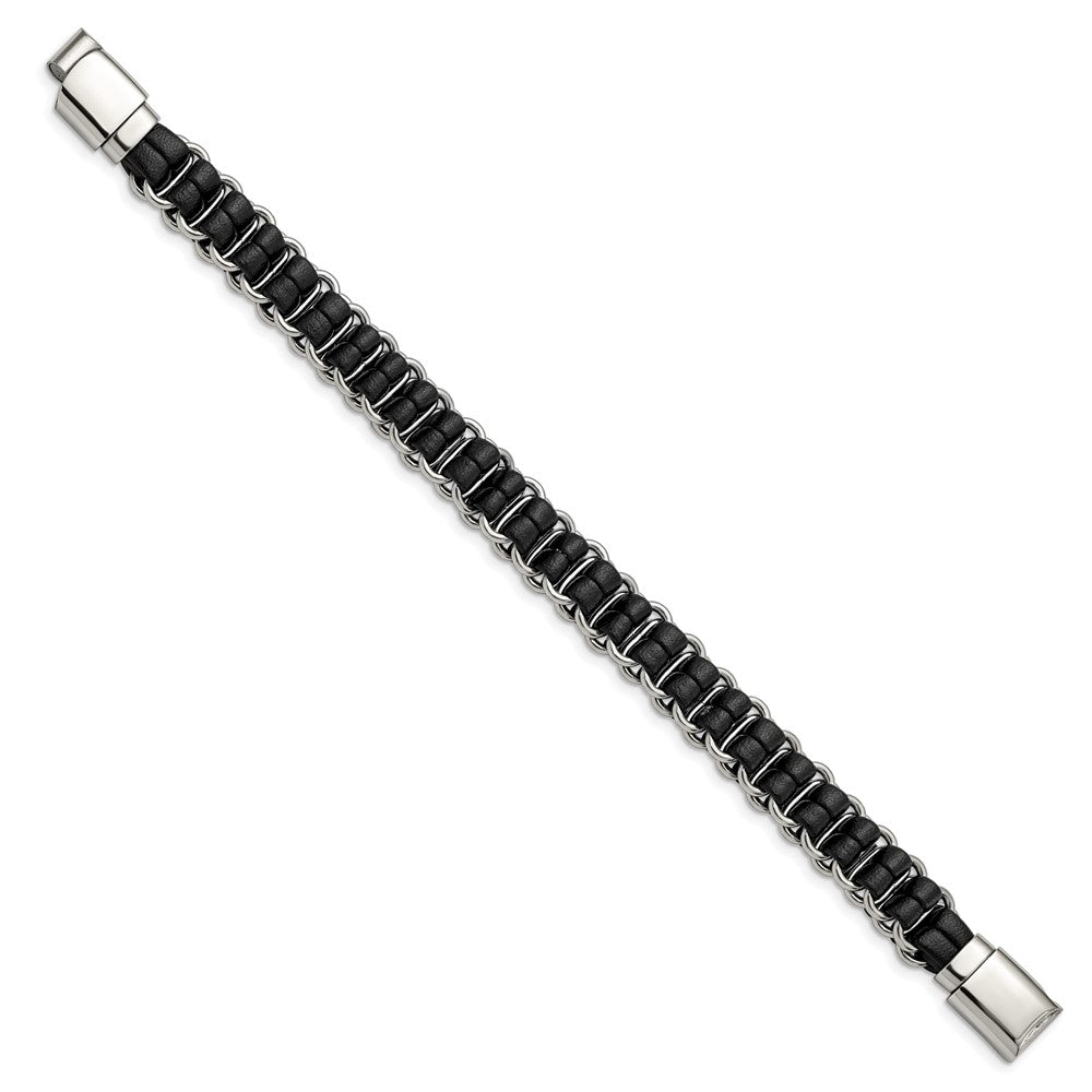 Stainless Steel Polished Black Leather 8.5in BraceletSRB2969-8.5