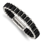 Load image into Gallery viewer, Stainless Steel Polished Black Leather 8.5in BraceletSRB2969-8.5