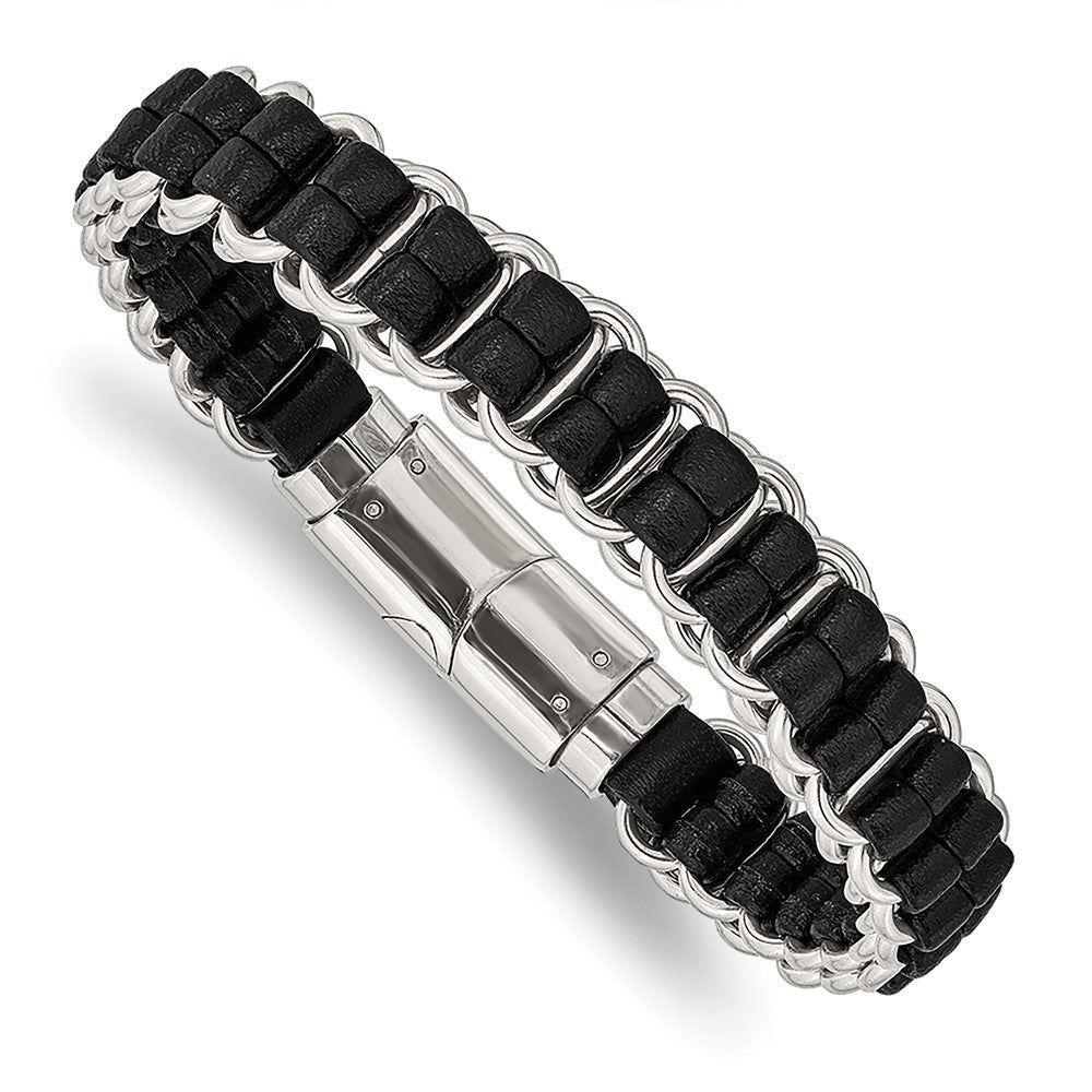 Stainless Steel Polished Black Leather 8.5in BraceletSRB2969-8.5