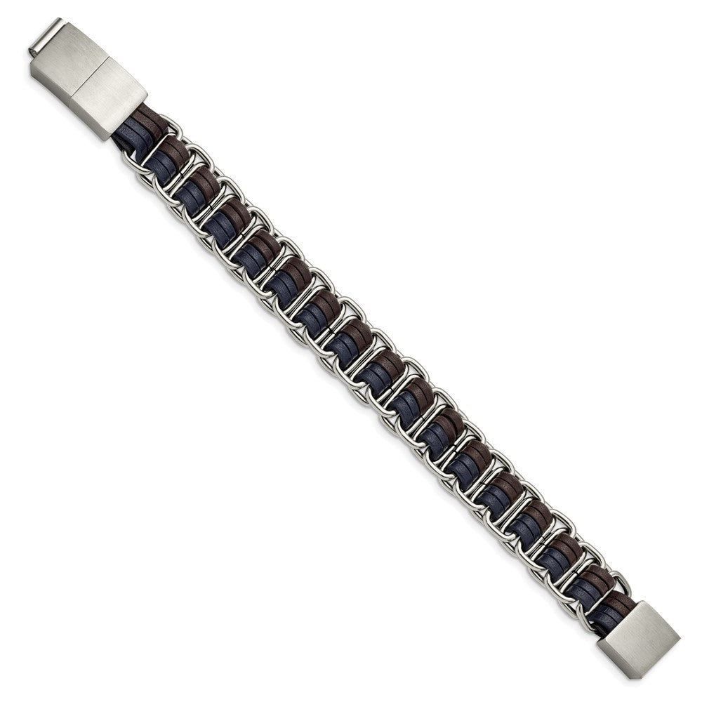 Stainless Steel Polished w/Blue and Brown Leather w/.5in ext 8in BraceletSRB2970-8