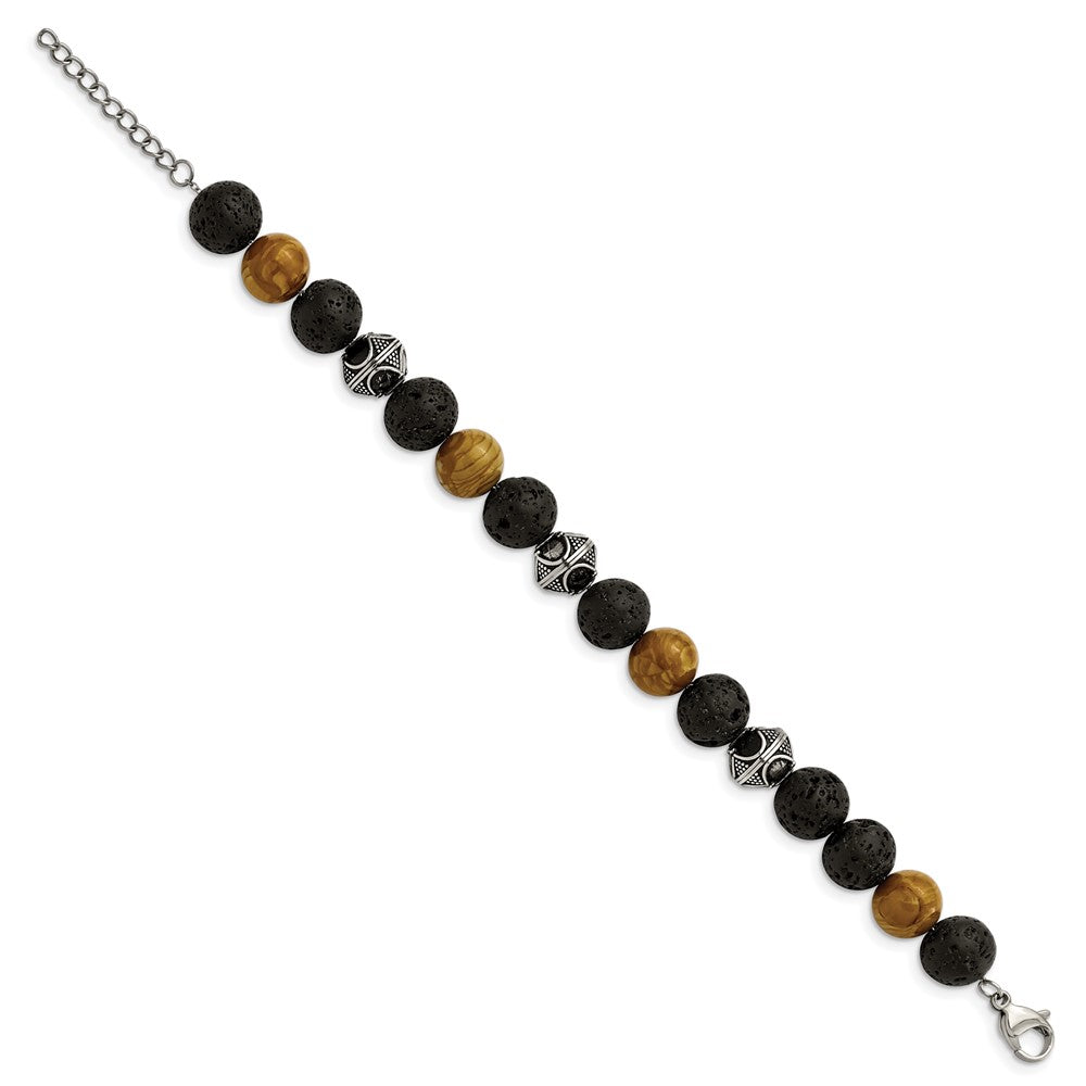 Stainless Steel Antiqued 9.5-10mm Lava/Red Wood Stone w/1in ext BraceletSRB2972-7.25