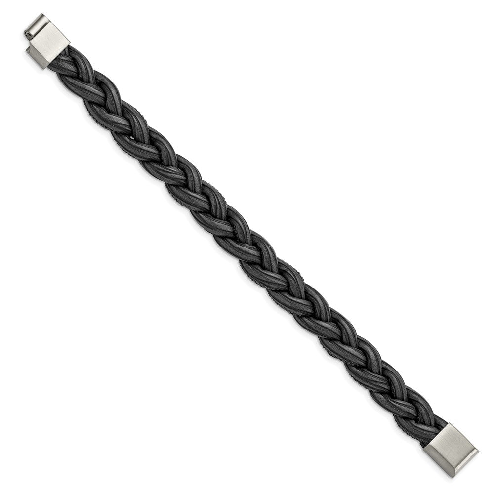Stainless Steel Brushed Black Braided Faux Leather 8.25in BraceletSRB2975-8.25