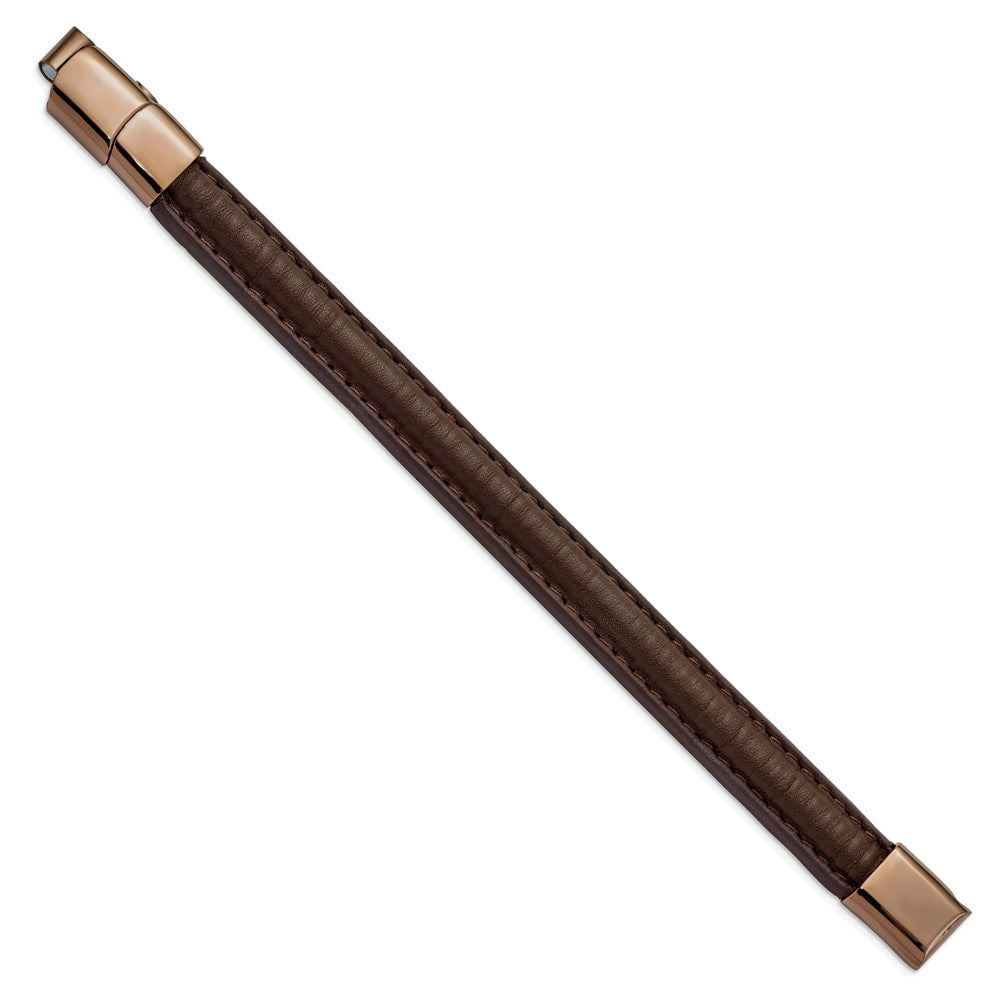 Stainless Steel Polished Rose IP Brown Leather w/.5in ext 7.75in BraceletSRB2979-7.75