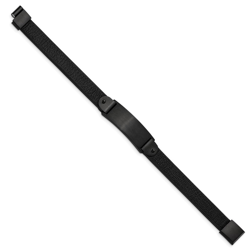 Stainless Steel Brushed Black IP-plated Black Leather 8.5in ID BraceletSRB2981-8.5
