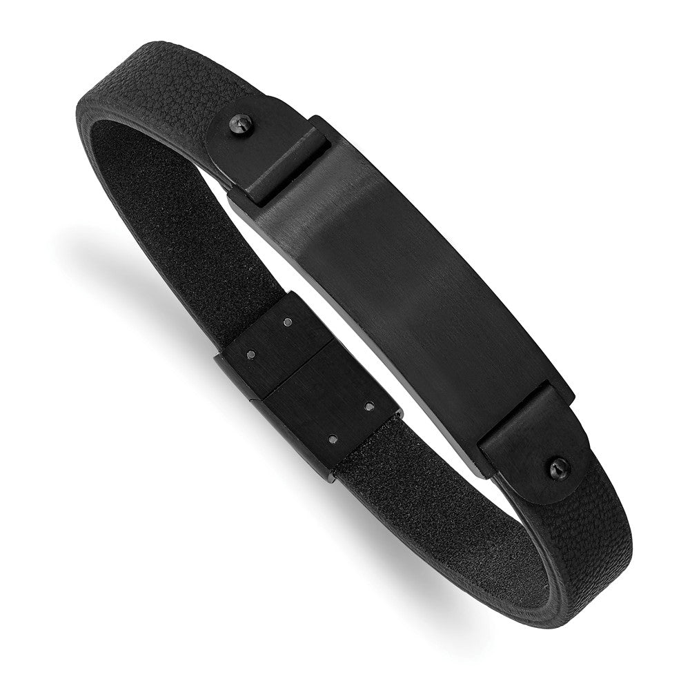 Stainless Steel Brushed Black IP-plated Black Leather 8.5in ID BraceletSRB2981-8.5