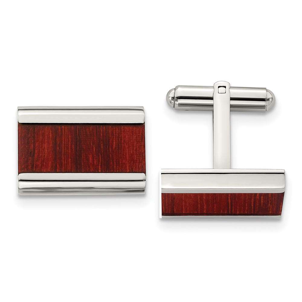 Stainless Steel Polished Red/Orange Wood Inlay CufflinksSRC275