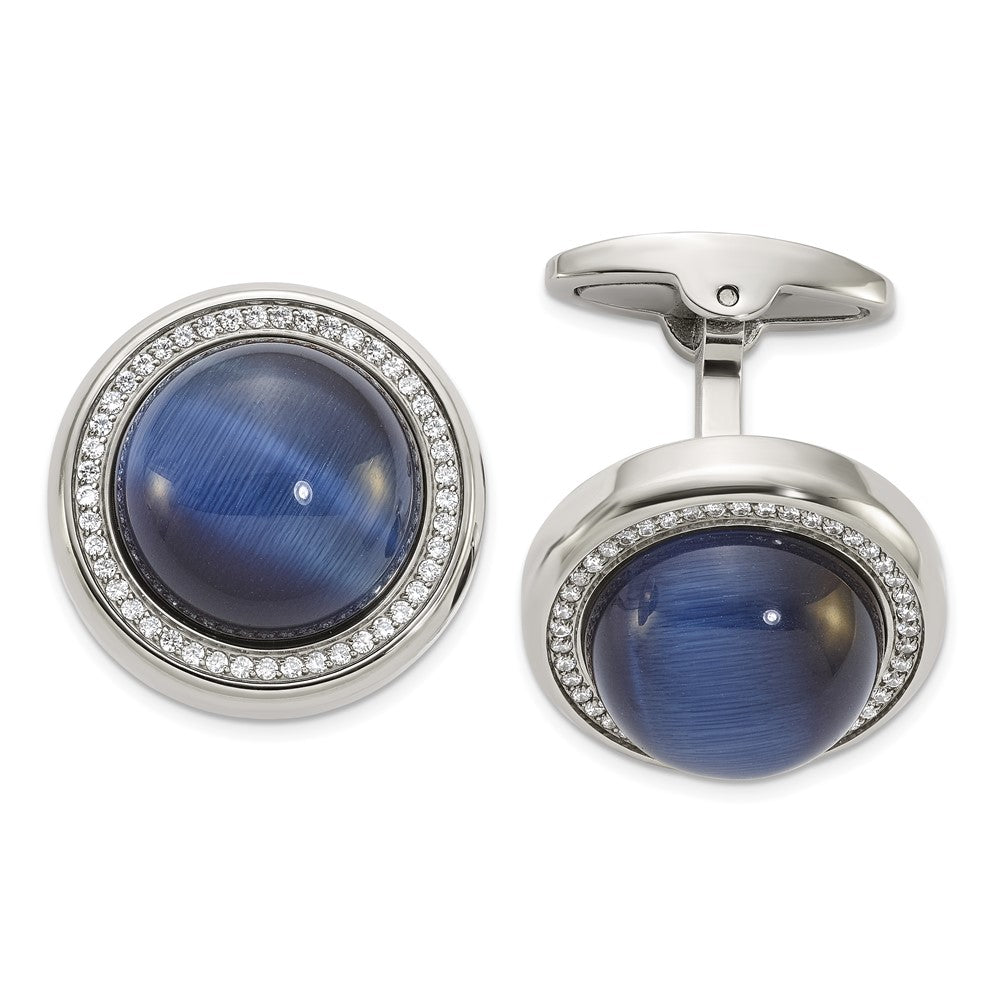 Stainless Steel Polished with CZ and Onyx Circle CufflinksSRC298