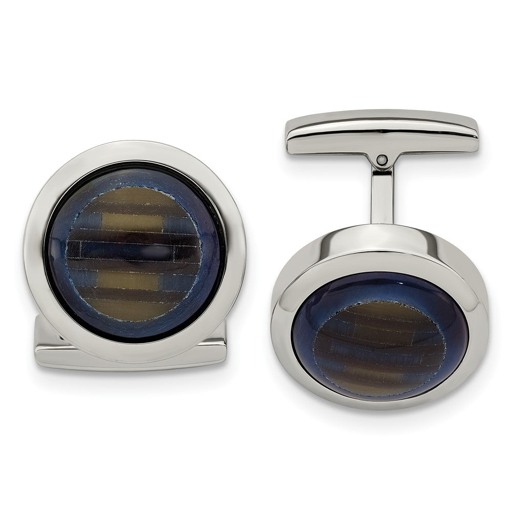 Stainless Steel Polished Blue Cat's Eye CufflinksSRC313