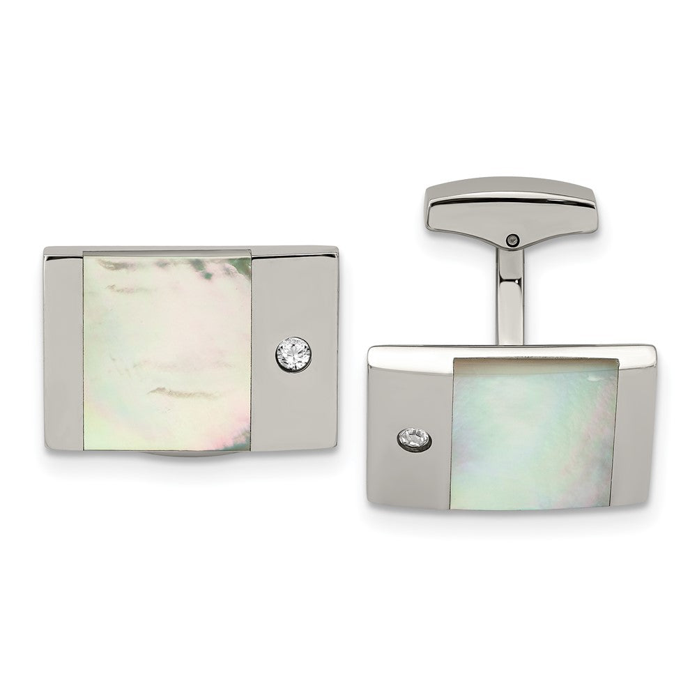 Stainless Steel Polished Mother of Pearl CZ CufflinksSRC315