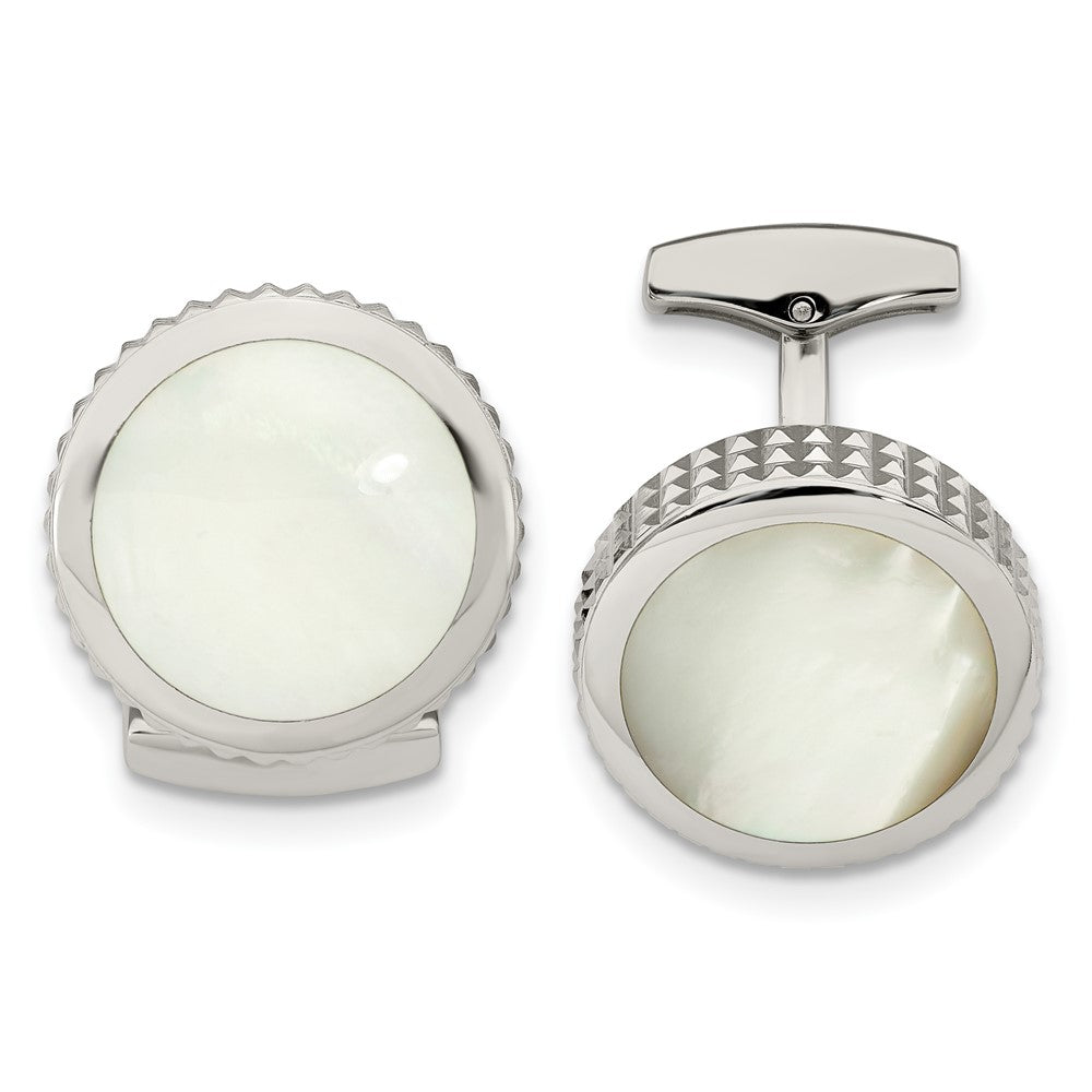 Stainless Steel Polished Studded Round Mother of Pearl CufflinksSRC318