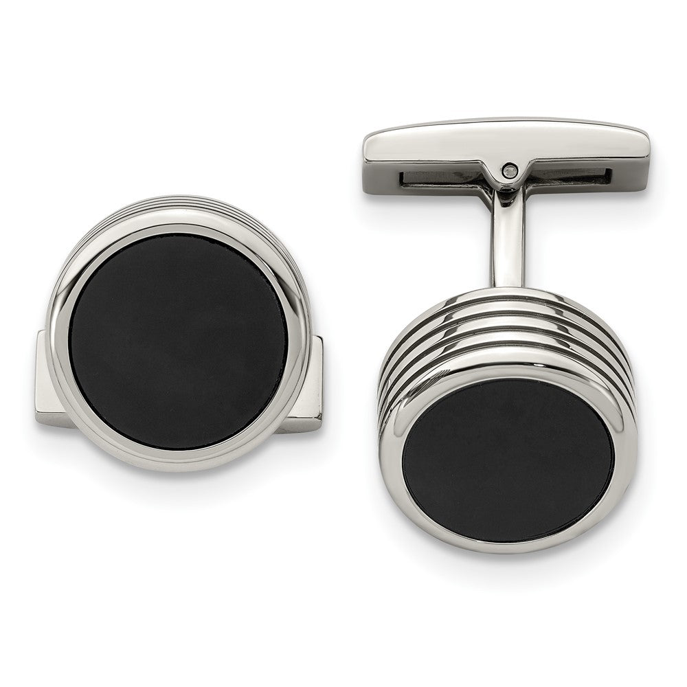Stainless Steel Polished Grooved Round Black IP CufflinksSRC325