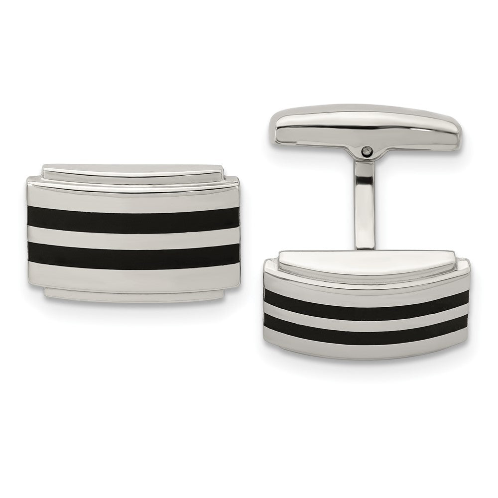 Stainless Steel Polished Black Rubber Rectangle CufflinksSRC340